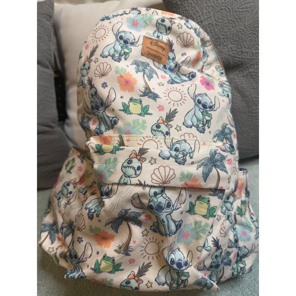 Disney Loungefly Stitch and Scrump Tropical Floral Canvas Backpack Cream Brown - Picture 4 of 14